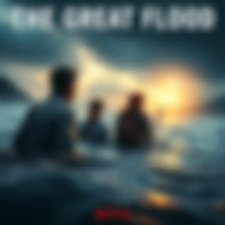 A dramatic moment from The Great Flood showing characters facing a flood while reflecting on life choices, highlighting themes of karma and connection.