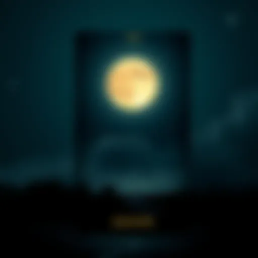 A depiction of The Moon tarot card showing a moonlit night with a dark landscape, symbolizing deception and mystery.