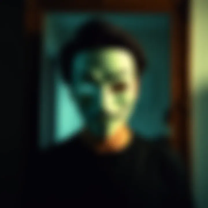 A person with a dramatic mask on their face, standing in front of a mirror, reflecting the contrast between their masked identity and true self, conveying the struggle of personal identity.