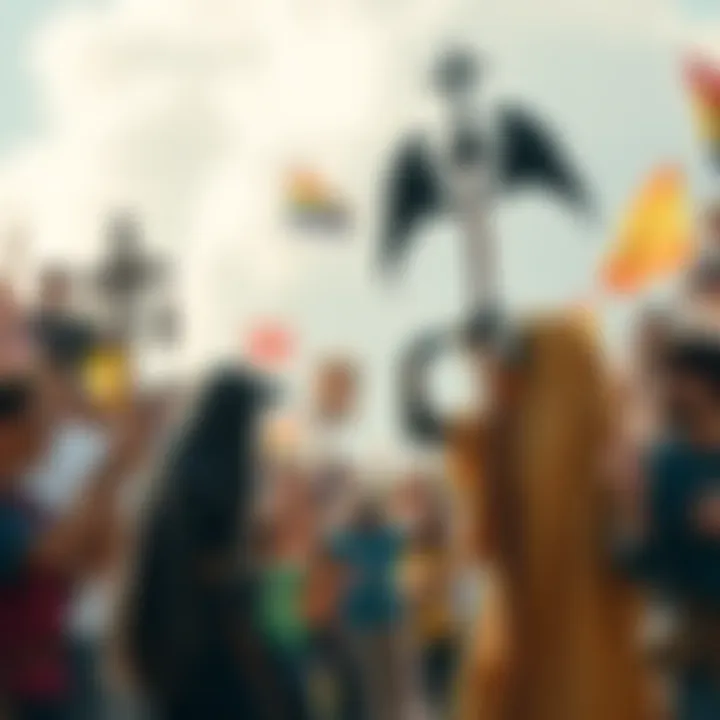 A clash between theistic and atheistic Discordians, with one side holding symbols of faith and the other displaying rationality, set in a vibrant community background