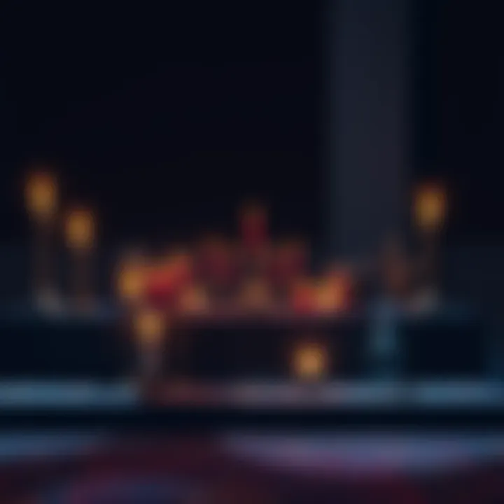 A table filled with candles, symbols, and ritual tools for practicing Thelema, set in a dimly lit room.