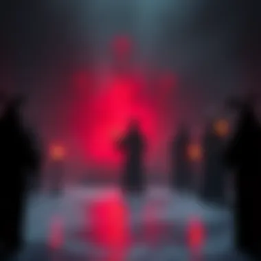 A dark ritual scene featuring Thelema symbols, with figures dressed in robes performing rituals in a shadowy setting, showcasing elitism and occult themes.