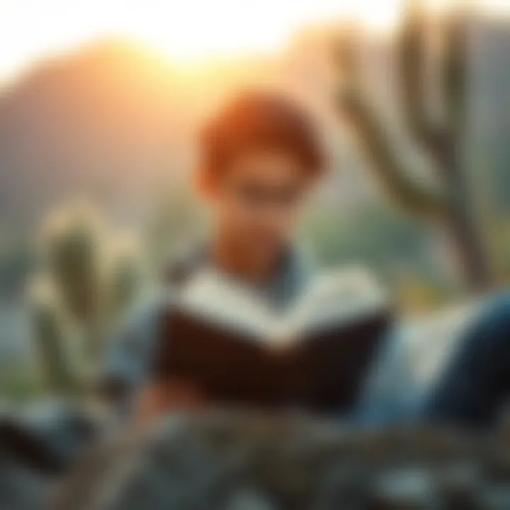 A person reading a book on Thelema in a peaceful setting, focusing on personal growth and understanding.