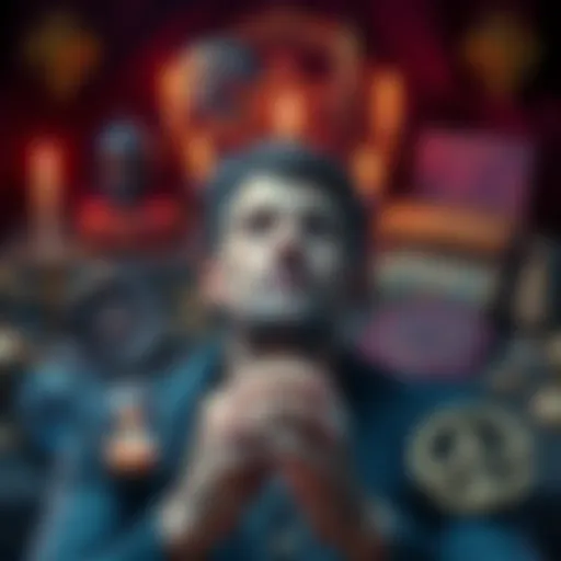 A person contemplating Thelema and Golden Dawn, surrounded by symbolic artifacts representing each tradition.