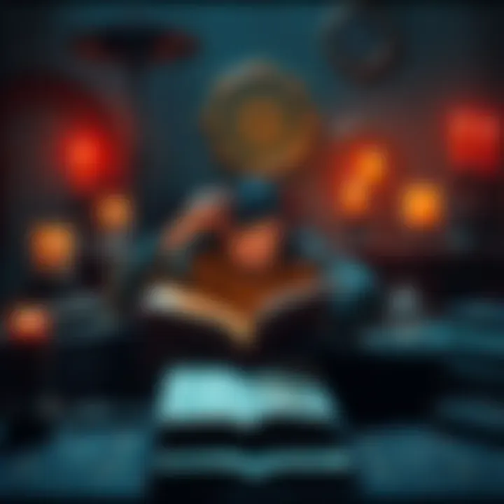 Thelemic Magic Evaluation A person studying Thelemic magic texts surrounded by books, candles, and symbols, assessing their knowledge.