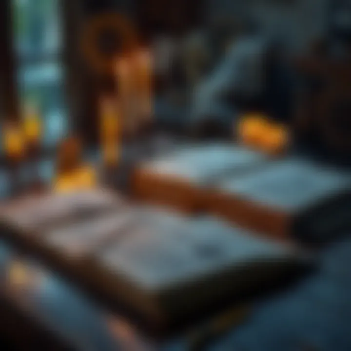 A collection of Thelemite texts and symbols on a wooden table, with candles and a mystical atmosphere.