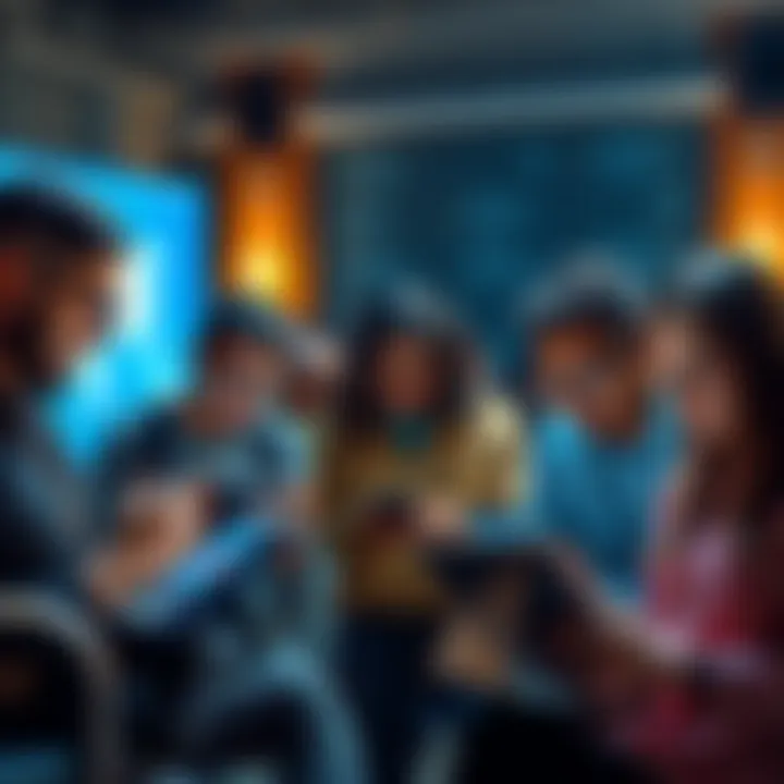 A diverse group of people engaging in a theological discussion on their devices, symbolizing online communities focused on faith and insights.