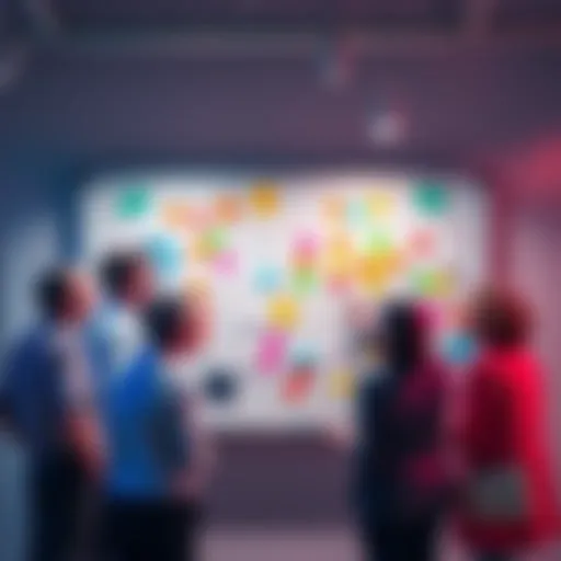 A group of diverse people discussing various ideas and theories on a whiteboard, with colorful notes and charts around them.