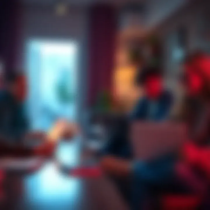 A group of people discussing theories about the third story from a recent video, with laptops and notebooks in a cozy setting.