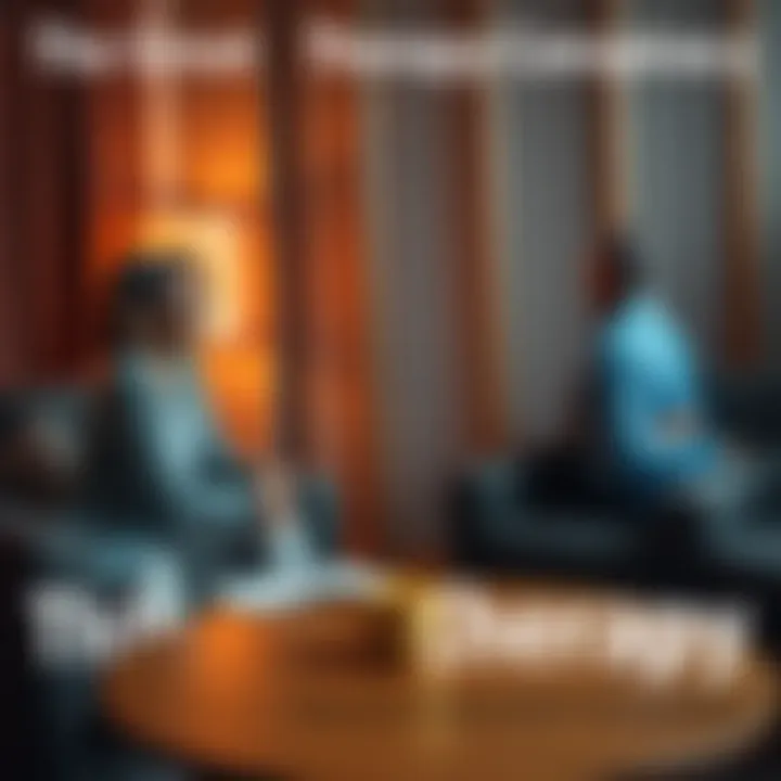 A therapist and client sit in a cozy office, discussing thoughts and feelings, with a notepad and coffee cup on a table between them.