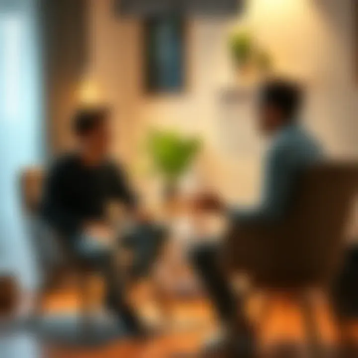 A therapist sits with a young man in a cozy office, discussing grounding techniques while a calming plant is nearby.