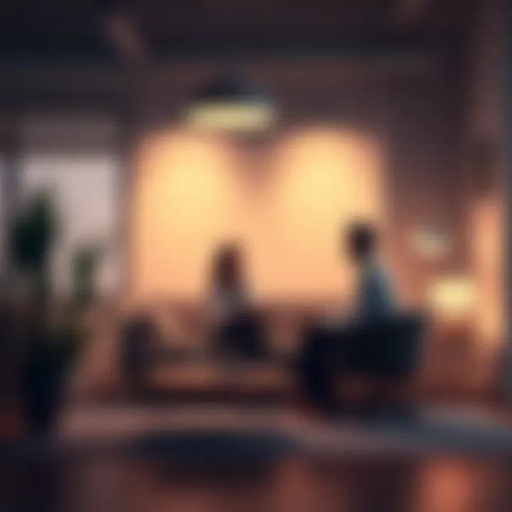 Person in therapy session A person sits on a couch talking to a therapist in a calm office setting, focusing on mental health issues.