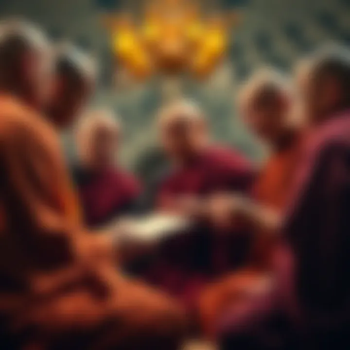 Group of Theravada monks engaged in a serious discussion about meditation and texts, showcasing differing opinions and expressions.