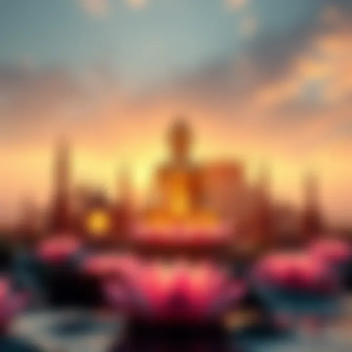 A collection of symbols representing Theravada Buddhism, including images of the Buddha and lotus flowers, set against a serene background.