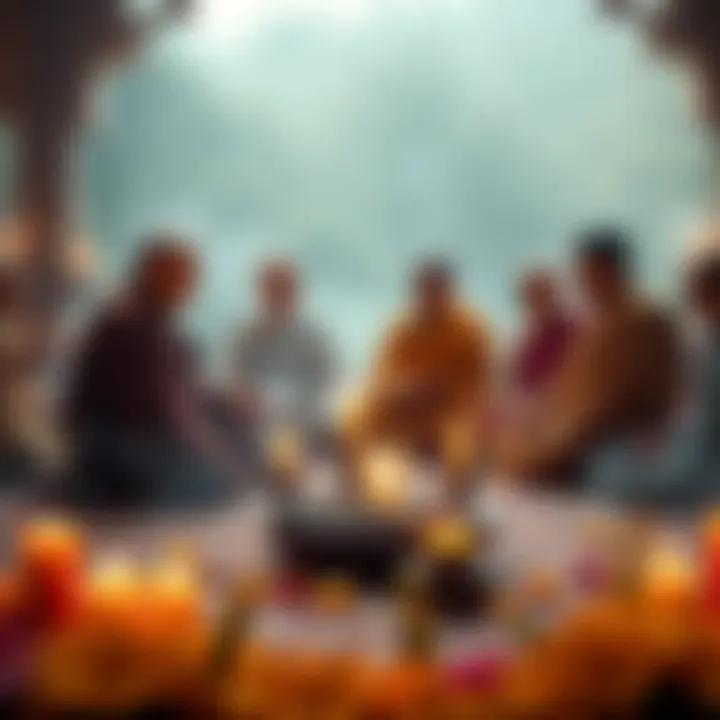 A group of Theravada Buddhists discussing Guru Padmasambhava's influence in a serene setting, with candles and flowers around them.