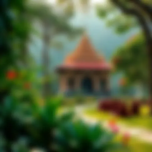 A serene Theravada Buddhist monastery surrounded by lush greenery, with monks engaging in meditation and prayer.