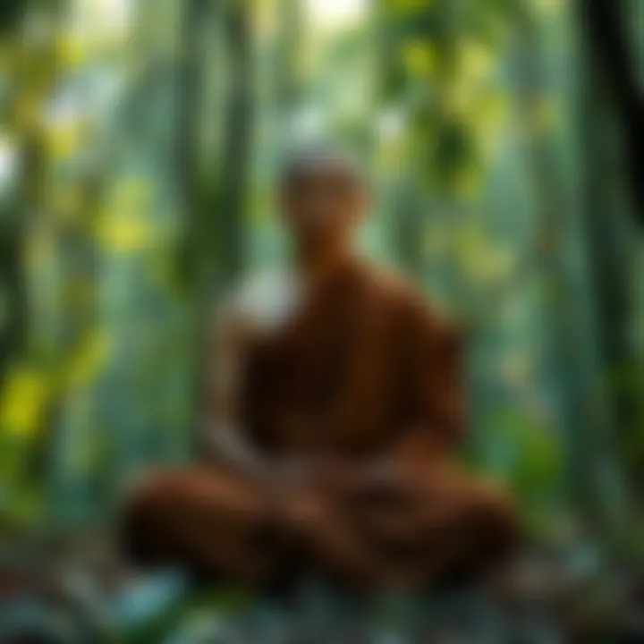 A serene monk meditating in a lush forest, embodying the calm and focus essential for Theravada monastic life.