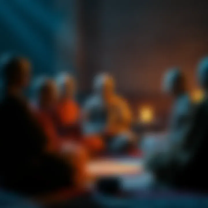 A group of Theravada monks in meditation and discussion about ABHIDHAMMA teachings, expressing various thoughts and concerns.