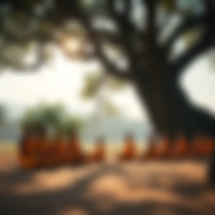 A group of Theravada monks meditating under a large tree, dressed in orange robes, reflecting peacefulness and spiritual devotion.