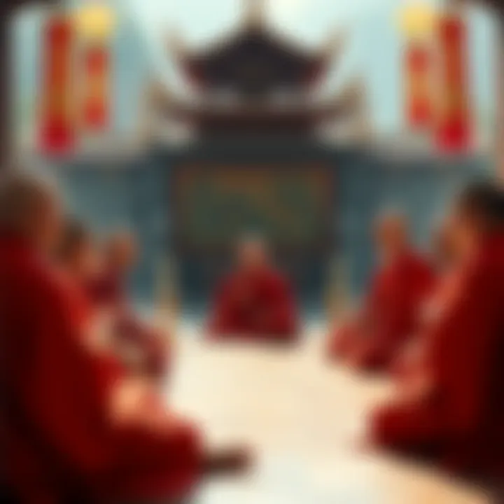 Theravada Monks Discussing Pure Land Theravada monks seated together discussing the Pure Land concept, with traditional Buddhist symbols in the background.