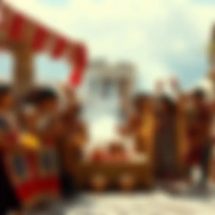 A group of people participating in the Thesmophoria festival, offering altars of fruits and grains to the goddesses Demeter and Persephone.