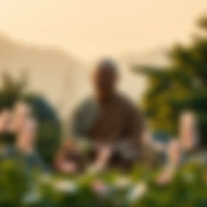 A peaceful scene featuring Thich Nhat Hanh surrounded by nature, symbolizing mindfulness and calmness.