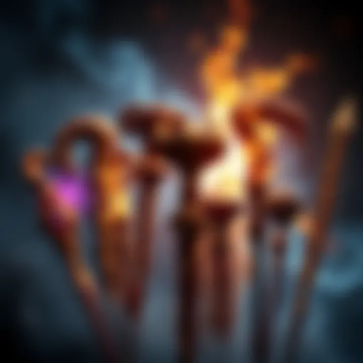 Thicker Magic Wands A collection of thick magic wands and clubs from various cultures, showcasing their unique designs and materials, set against a magical backdrop.