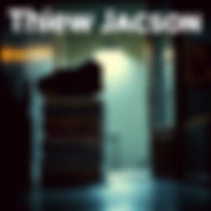 A person sneaking away with a stack of Michael Jackson albums in a dimly lit room