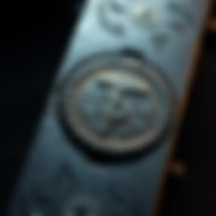 A close-up view of a thin metal object featuring mysterious engravings and symbols, showcasing its intricate details.
