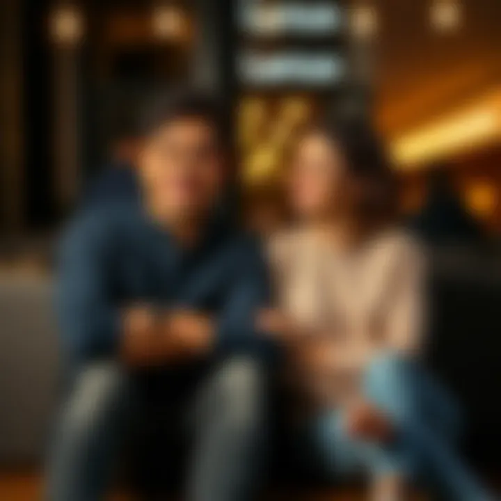 A couple sitting together, looking at each other with smiles, symbolizing romantic thoughts and connection.