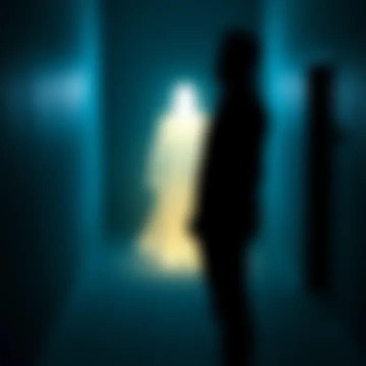 Person Experiencing Third Man Syndrome A person is standing in a dimly lit environment, appearing calm yet aware, as a faint, glowing figure is seen beside them, symbolizing a spirit guide during a critical moment.
