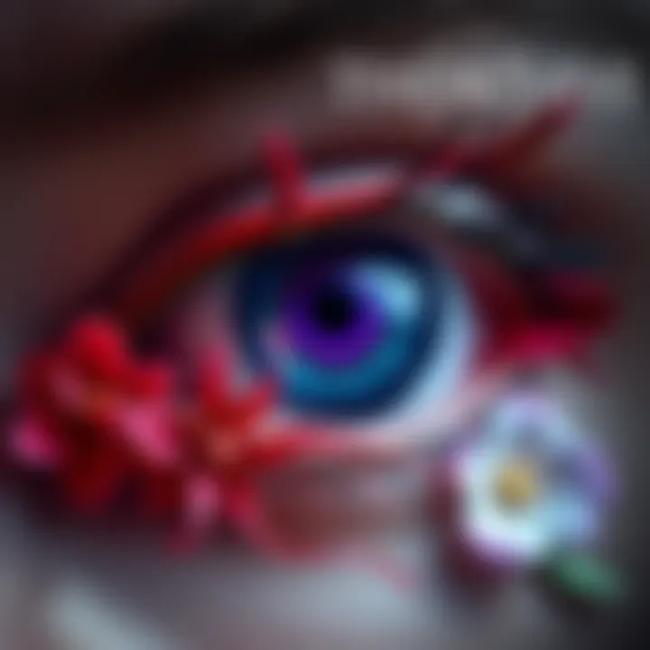 Artwork featuring a violet iris with red veins and silk ribbon flowers, representing the fusion of anatomy and nature.