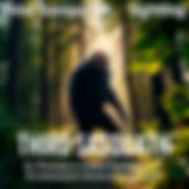A blurry figure resembling a Sasquatch stands among trees in a forest, with sunlight filtering through the leaves.