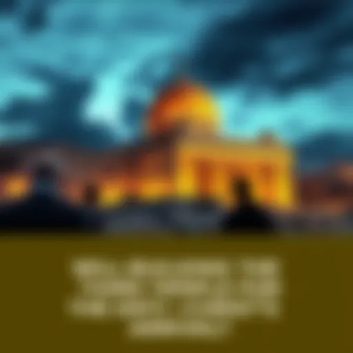 A rendering of the Third Temple being built in Jerusalem with people observing the site.