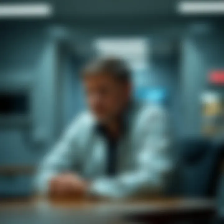Thomas Castello sitting at a table during his last interview, looking serious and deep in thought, with a blurred background of a secure facility