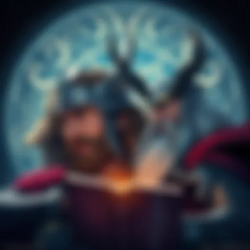 Thor and Odin are depicted as they listen to an audiobook of the Poetic Edda, with expressions of contemplation and empathy on their faces, surrounded by Norse symbols.