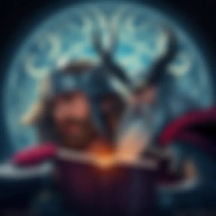 Thor and Odin are depicted as they listen to an audiobook of the Poetic Edda, with expressions of contemplation and empathy on their faces, surrounded by Norse symbols.