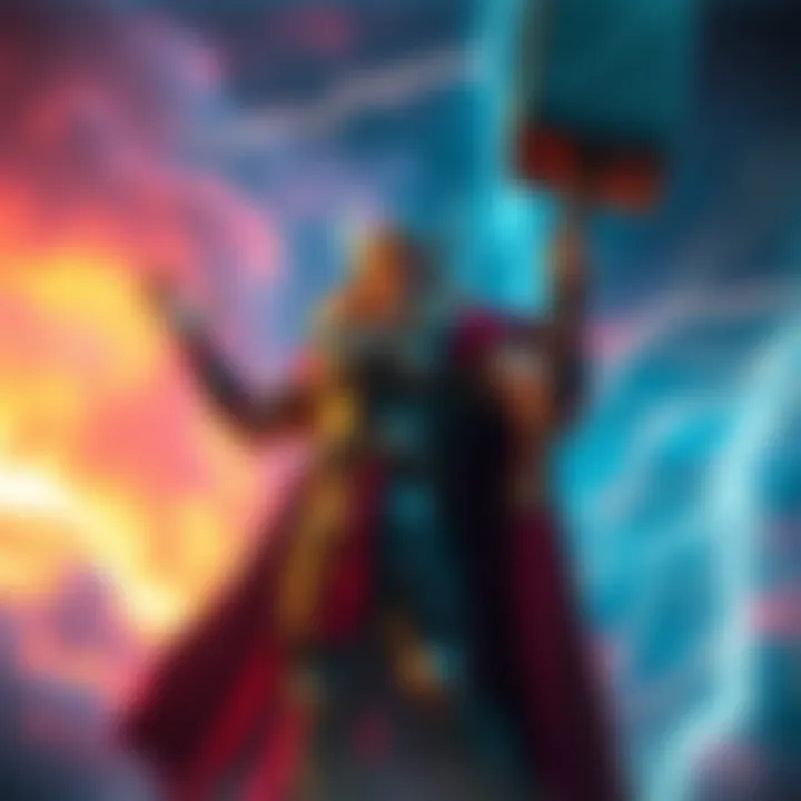 A vibrant scene showing Thor, the Norse god, holding his hammer in a dramatic pose amidst swirling clouds and lightning, representing an artistic interpretation of a popular Thor tale