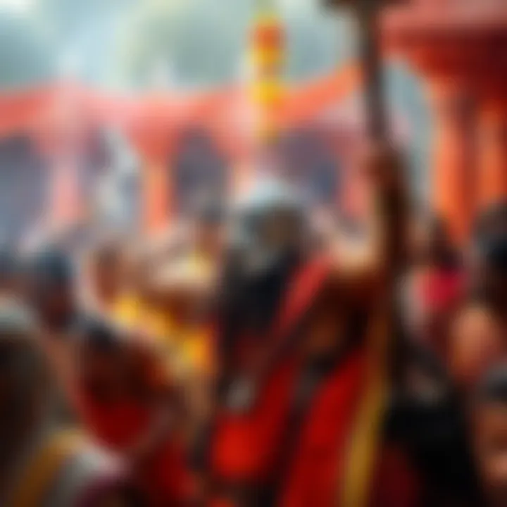 People participating in a festival celebrating Thor worship in a vibrant Hindu setting, showcasing traditional attire and rituals.