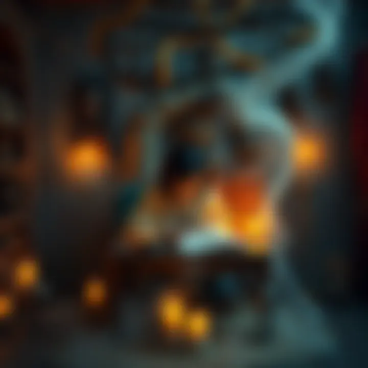 A person sitting at a desk, writing on scrolls in a cozy, dimly-lit room, surrounded by candles and mystical items, representing spirit communication.