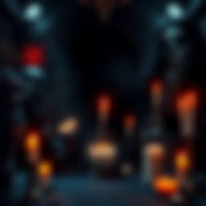 A dark, mysterious setting featuring symbols associated with occult themes and necromancy, with shadows and candles creating an eerie atmosphere.