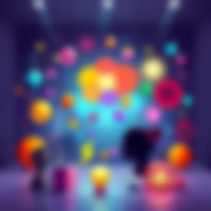 Different types of thoughtforms Illustration showing various thoughtforms represented as colorful shapes and symbols in a creative environment