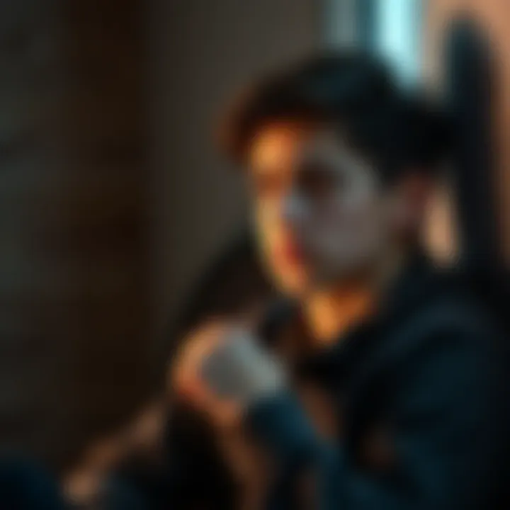 An 18-year-old boy sitting alone with a concerned expression, contemplating his feelings for a friend, surrounded by soft lighting.