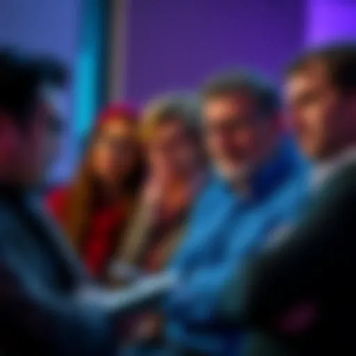 A group of people engaged in a serious conversation about current events, some appearing contemplative while others take notes.