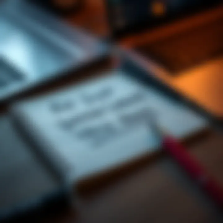 A close-up of a notepad with a thoughtful message written on it, surrounded by pens and an open laptop, symbolizing ideas shared in public forums.