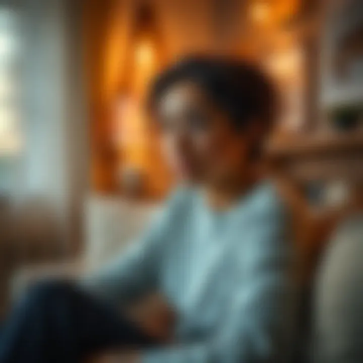 A person with a serene expression sitting in a cozy room, reflecting on deep emotions and feelings, surrounded by soft lighting and calming decor.