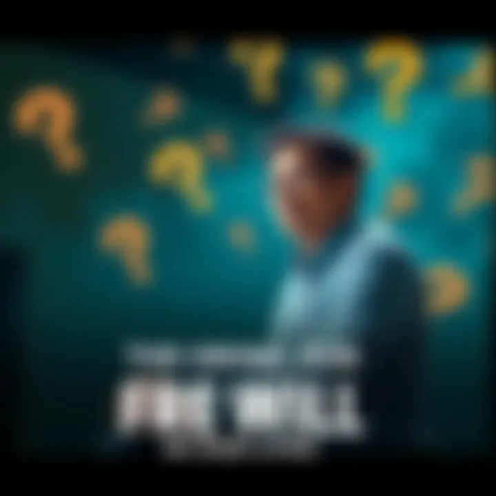 A person sitting with a pensive expression, surrounded by floating question marks, symbolizing the search for free will in life decisions.