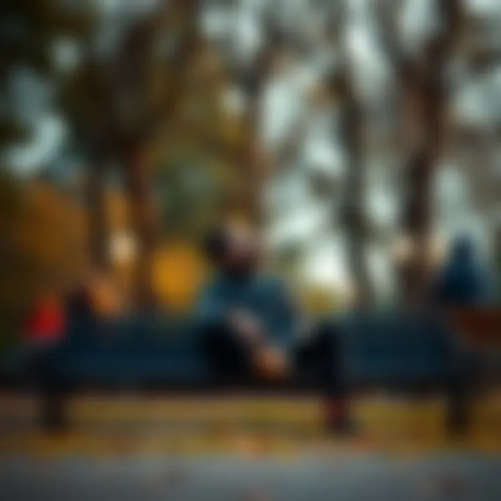 Thoughtful person contemplating life A person sitting on a bench in a park, looking up at the sky with a thoughtful expression, surrounded by trees and a peaceful setting.