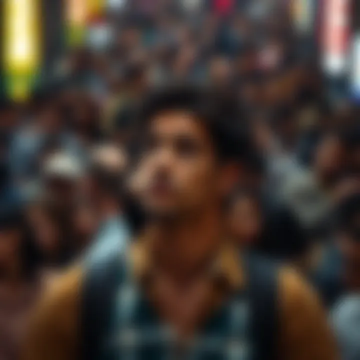 Person looking thoughtful in a crowd A thoughtful person stands alone in a busy crowd, reflecting on their desire for deeper connections, with diverse people around them.