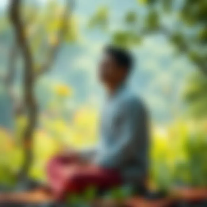 A person sitting in meditation surrounded by nature in an ashram, reflecting on thoughts and beliefs.